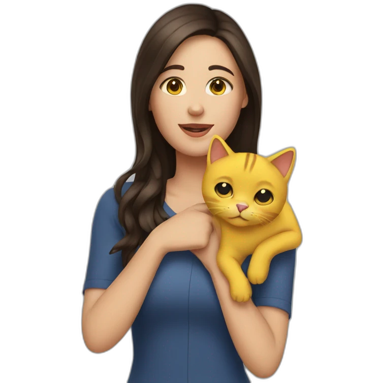 brunette woman holding yellow cat emoji