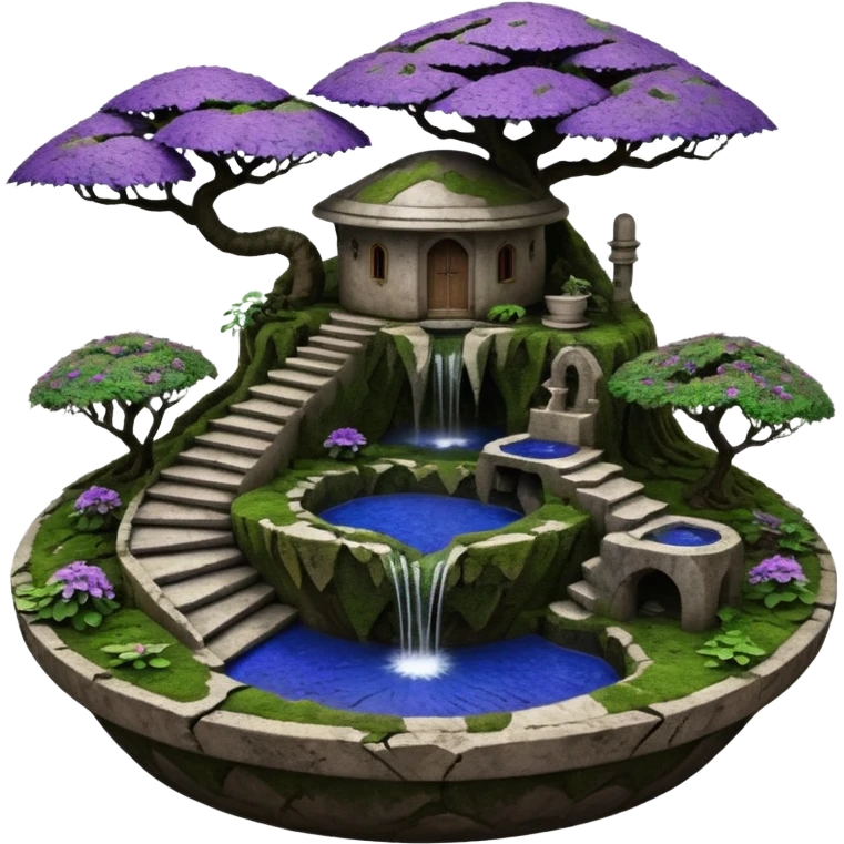 Alien saucer house jungle-vines uneven stairway fountain mountain-island landscape antique mudman very old broken cracked intricate Stone Age lapis-crusted irregular dodecagon-shaped shallow dark moss rough bark violet serissa flowered maple tree bonsai pot emoji