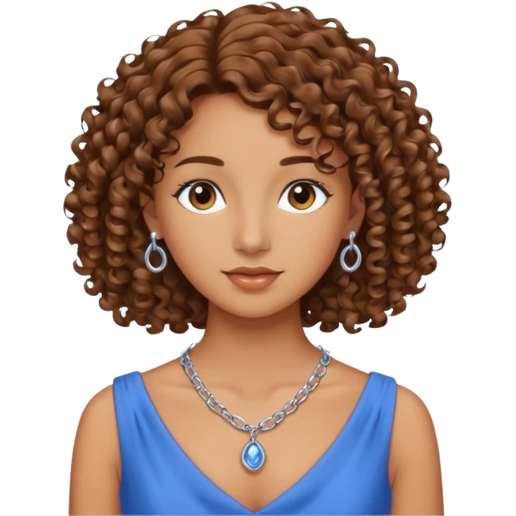 curly hair woman blue dress and chain emoji