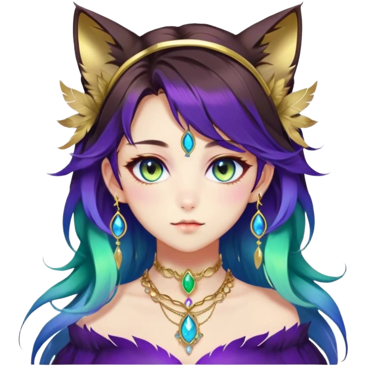 Beautiful gorgeous anime lady with beautiful dark-brown-special-hair, fashion aesthetic, ethereal, violet feather in hair, accessories, gold jewelries, gold, colorful, feline ears, colorful hazel-green-blue-gradient eyes emoji