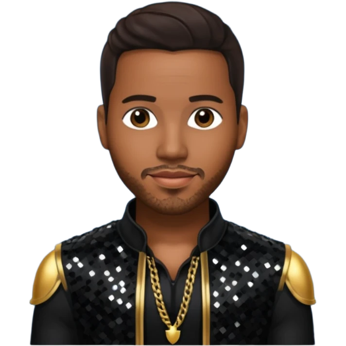 Romeo Santos with dark brown hair, black sequin outfit emoji