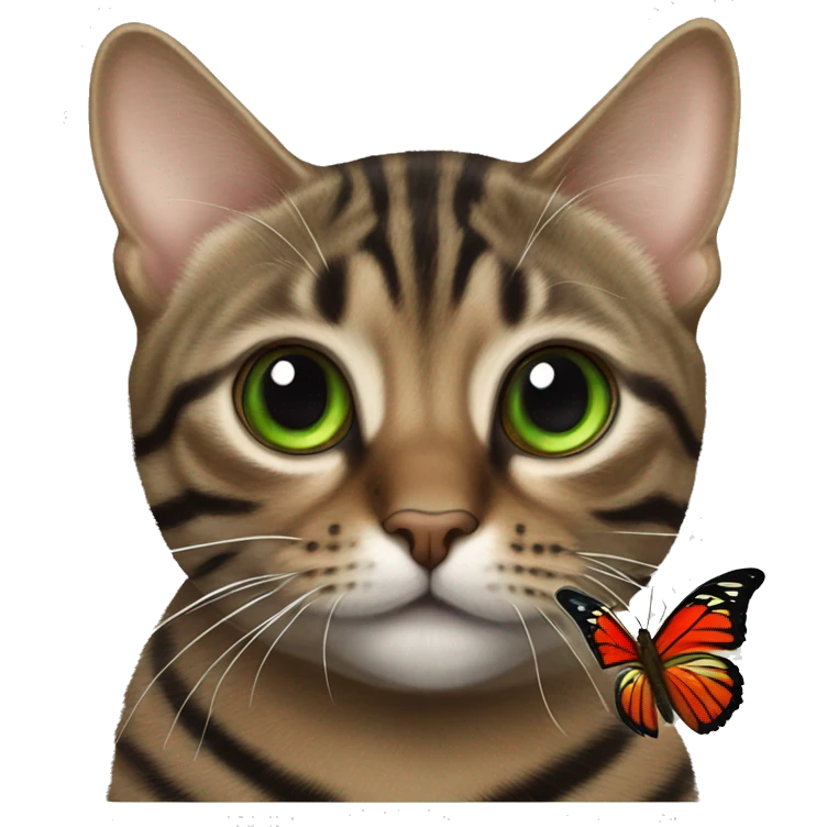 brown tabby cat with black stripes, green eyes, red nose and next to a butterfly  emoji