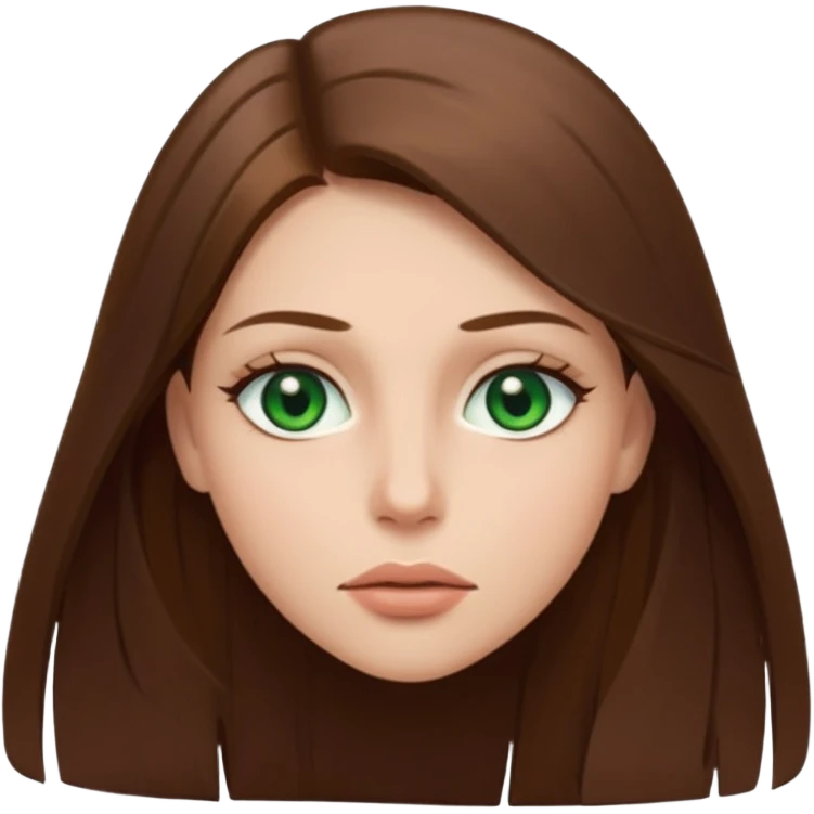Female face emoji. Straight long brown hair, fair skin, green eyes, neutral expression, closed lips, minimal makeup emoji