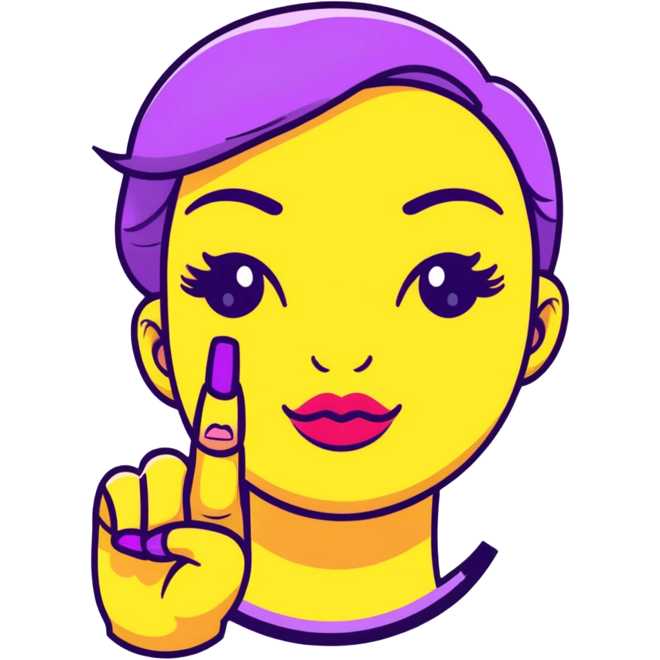Classic yellow emoji face with closed eyes that form upward curved lines, eyelashes, pursed lips with lipstick, and a hand gesture with only the thumb out while other fingers are closed, all nails painted emoji
