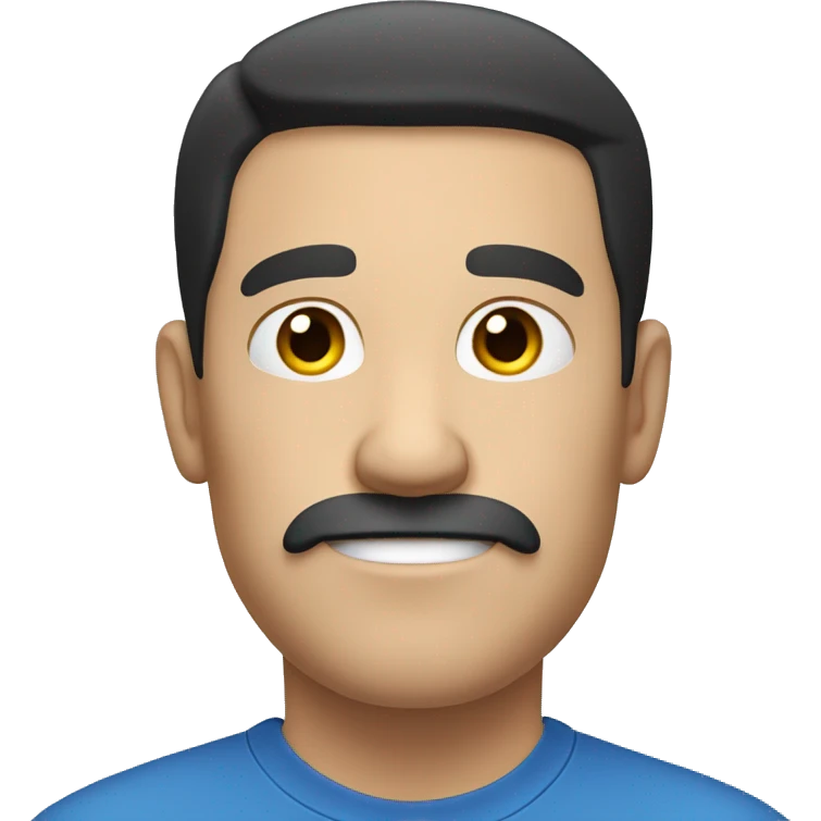 white man with black hair, not wavy hair, earing a plain blue t-shirt. Has a slight moustache emoji