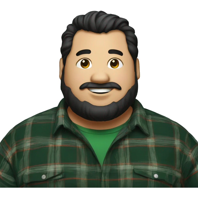 Fat man wearing a darkgreen and black plaid flannel shirt profile picture, happy, black hair emoji