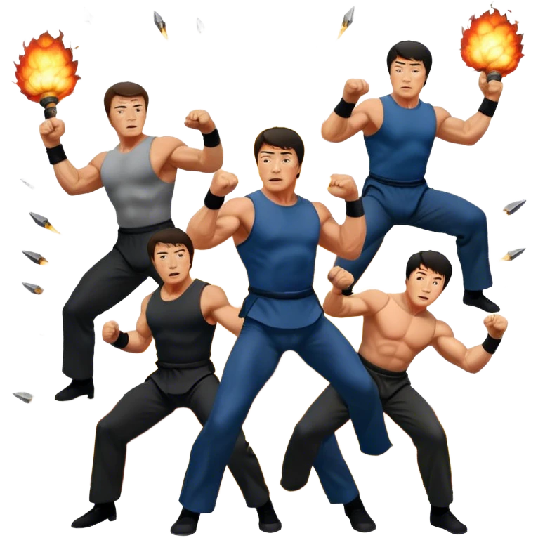 Collage of Arnold Schwarzenegger, Sylvester Stallone and Jackie Chan in intense action poses, surrounded by explosions, martial arts moves, weapons. The design should capture the high energy and heroism of classic action films. Transparent background. emoji