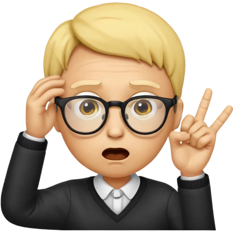 Generate a emoji head base with a shocked expression with a finger pushing the glasses down a little bit make the glasses tipped and make the head full yellow with a slight tint at the top with no hair also make the glasses tipped a 35 angle emoji