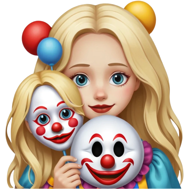Sad Blonde girl with long hair holding a happy clown mask beside her face isolated  emoji