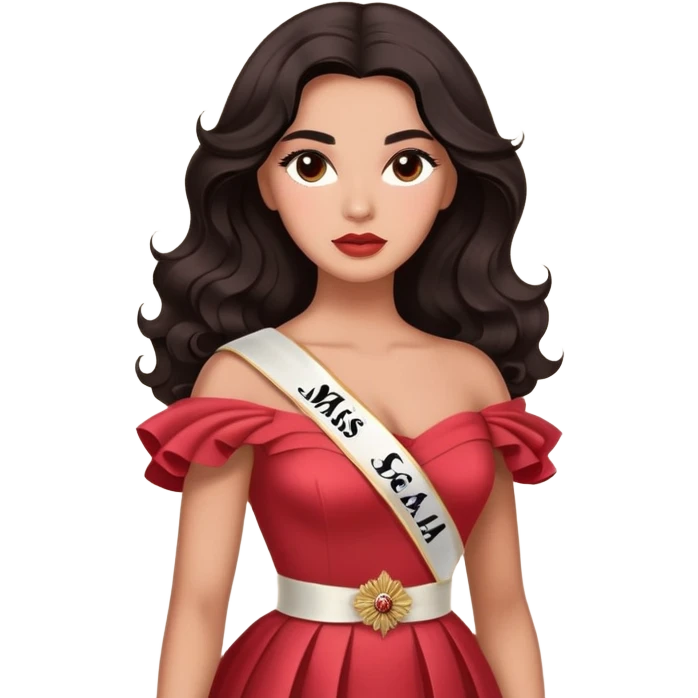 A woman with canela-toned skin, dark voluminous hair in waves, expressive eyes with soft lashes and shimmer, full lips with a glossy nude-pink color, wearing a red dress and a white sash with “Miss San Juan” in black letters, exuding elegance and confidence emoji