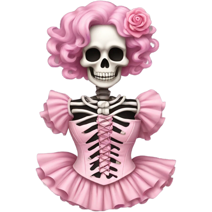 Skeleton wearing a pink laced corset top with ruffles  emoji
