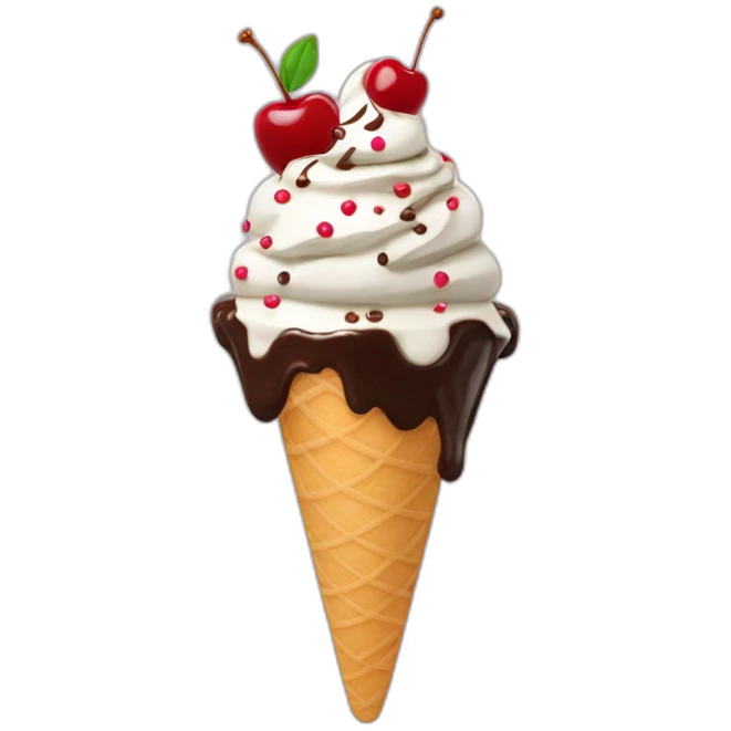 An ice cream sundae with sprinkles, chocolate sauce, and a cherry  emoji