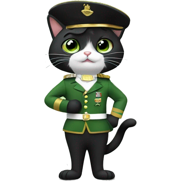 a tuxedo cat with a black mustache waving hi in a green soldier uniform emoji