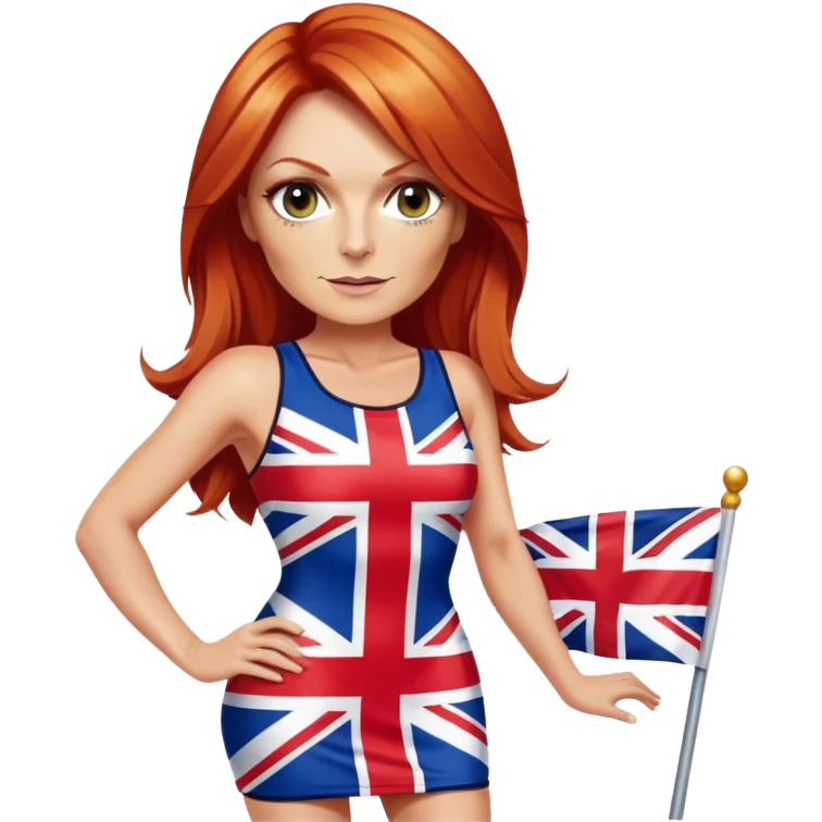 Geri Halliwell with red hair and blonde highlights wearing a short bodycon uk flag dress emoji