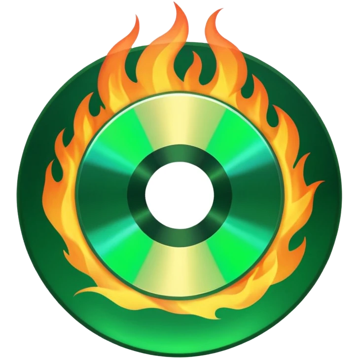 A minimalist CD disc with a subtle fire design, green flames. emoji