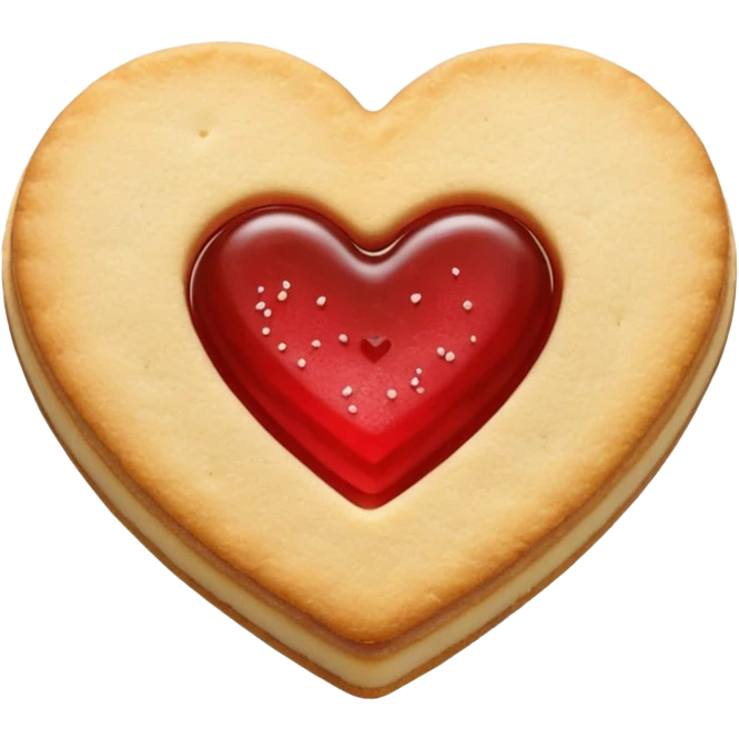 Realistic shortbread cookie in the shape of a heart with red jelly middle filling and sprinkled powder sugar on top. emoji