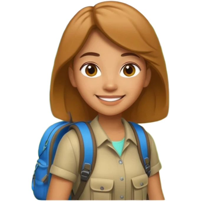 A 3D cartoon woman with a backpack smiling outdoors, surrounded by greenery, Memoji-style realism. emoji