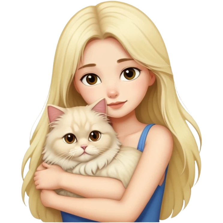 pretty girl with dark long hair hugging her blonde fluffy persian cat  emoji