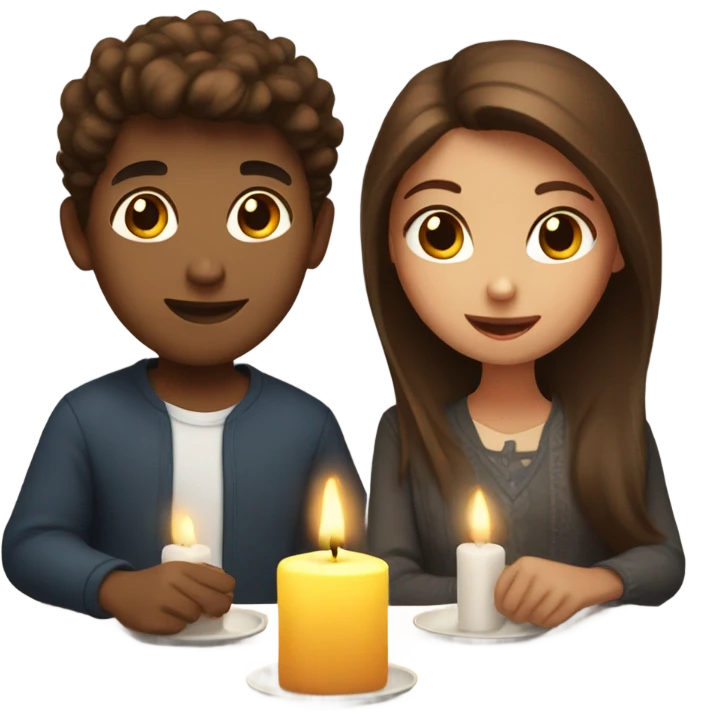 Brown haired girl and boy on a date at the table with candles emoji
