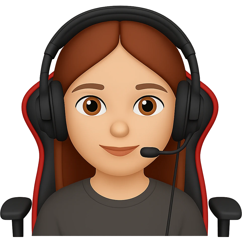 Make the streamer a female with headphones and a gaming chair in the style of emoji (apple style emojis). Remove the background. emoji