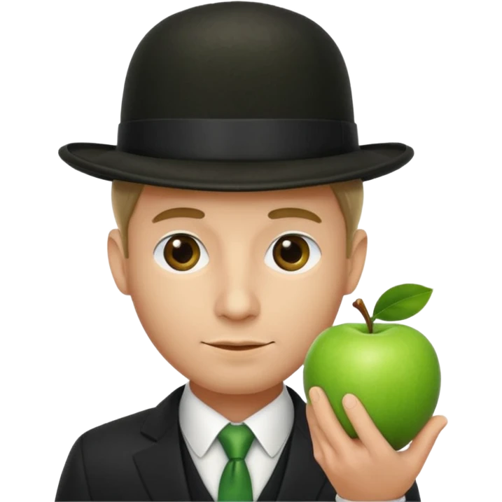 homme en costume chapeu melon, grosse pomme verte devant visage emoji