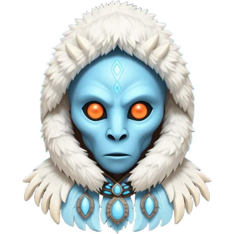 ancient arctic alien shaman portrait, head and shoulders only, Inuit-inspired fur hood, carved bone ornaments, glowing cosmic eyes, icy alien skin, spiritual sci-fi vibe, 3D cartoon, mobile game icon style, clean background, no text, no watermark


 emoji