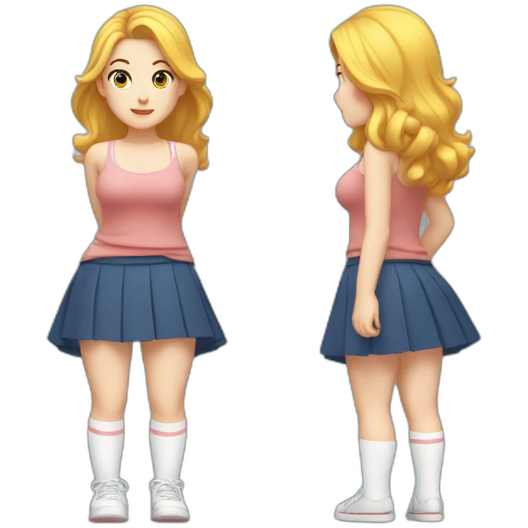 full body back view curvy caucasian beauty in small skirt lifted by strong wind butt white socks emoji