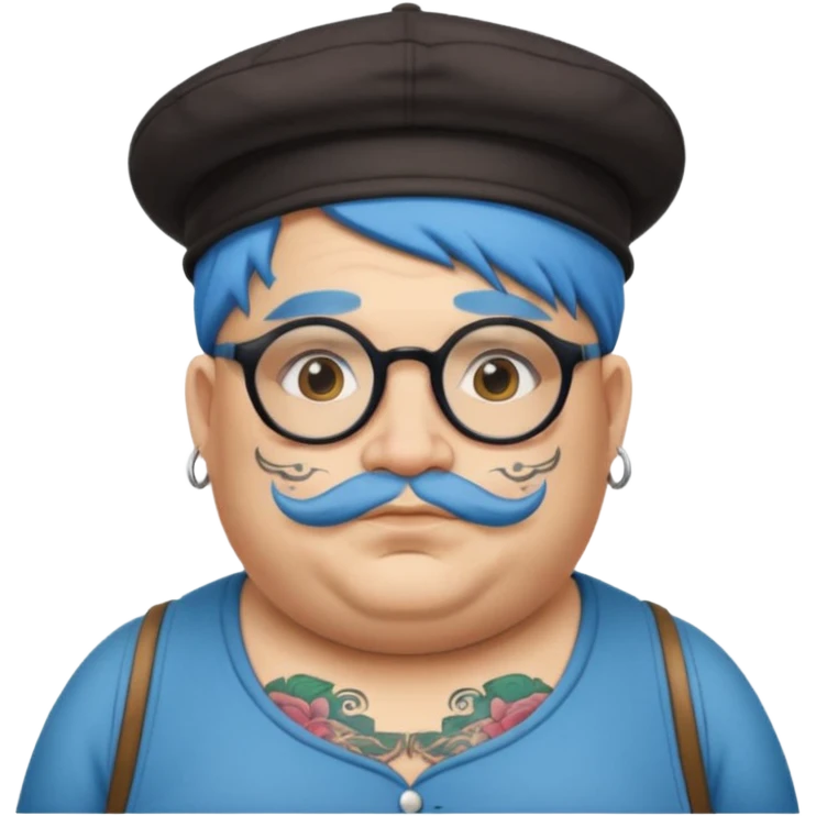 very tattoed face, normal glassess, fat venice gondolier with iconic hat and blue hair woman emoji
