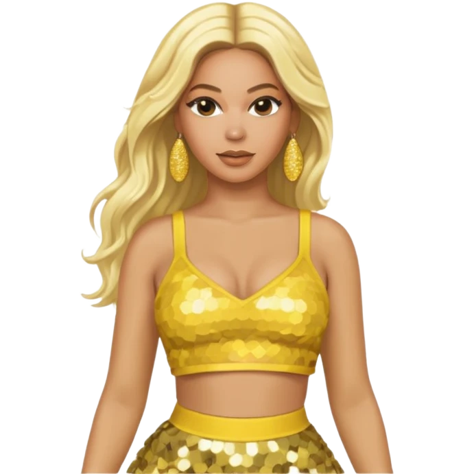 Beyonce with long platinum blonde hair, yellow sequin crop top yellow sequin skirt, gold earring emoji