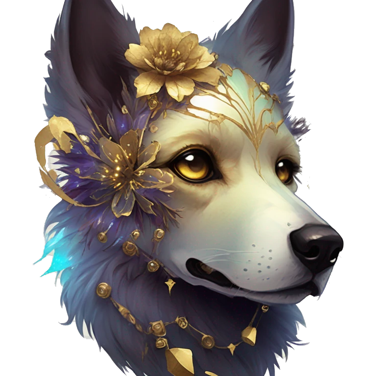 iridescent kintsugi fluffy zombie black brown gold dog fox head zombie skeleton gold mechanical steampunk raven wings nebula galaxy stars colorful flowers fairy lights vintage zombie emoji