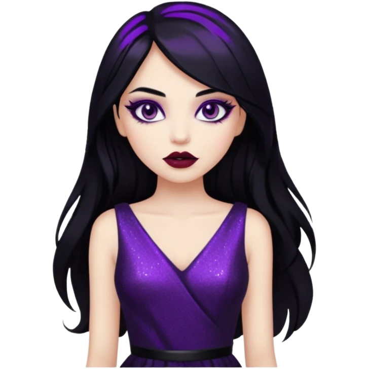 girl with long black hair, sparkling black dress, purple eyeshadow, dark red lips, edgy style emoji