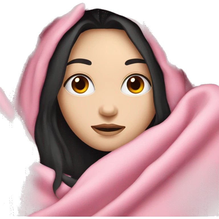 pale white girl with long black hair laying under pink blanket emoji