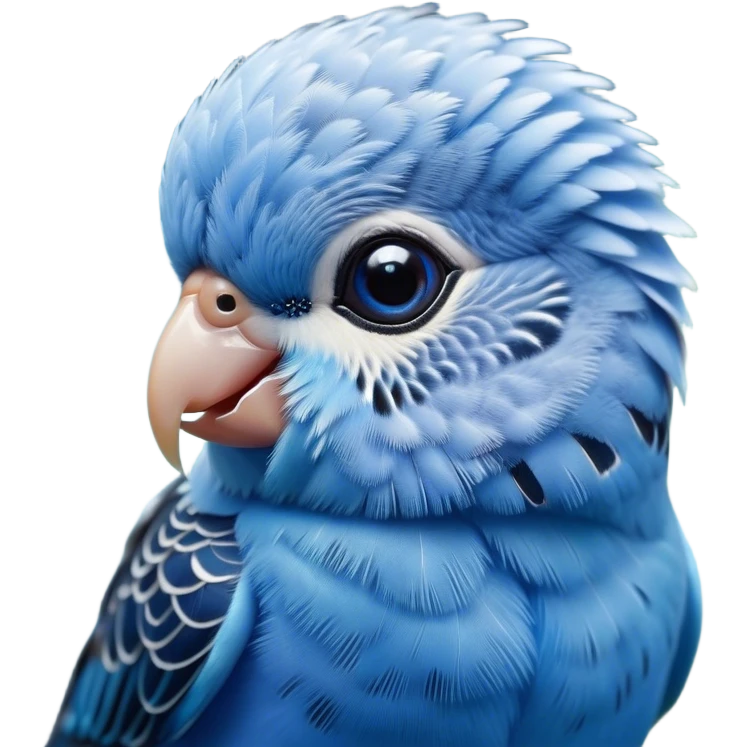 Cinematic Cute Blue Budgie Portrait Emoji, Head tilted playfully and inquisitively, featuring a brilliant blue feathered fur with a natural sheen, round, sparkling dark eyes filled with curiosity, Simplified yet irresistibly adorable features, highly detailed, glowing with a warm, friendly glow, high shine, affectionate and lively, stylized with a touch of whimsy, bright and endearing, soft glowing outline, capturing the essence of a mischievous yet loving budgie, so playful it feels like it could chirp out of the screen and into your arms! emoji