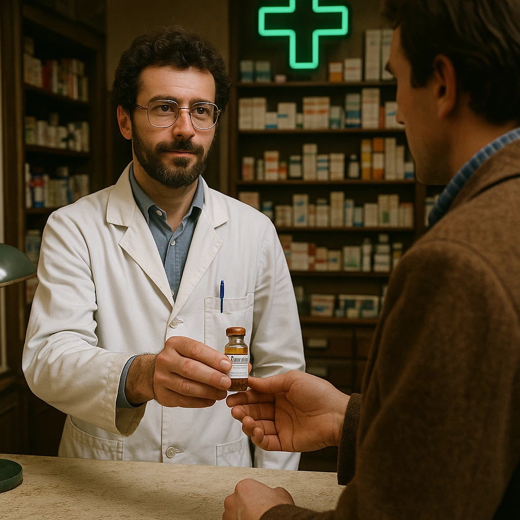 realistic image of a pharmacist in France in 1980 delivering a vial of Trenbolone to a customer, 1980s clothing and pharmacy interior, historical details, pharmacy environment emoji