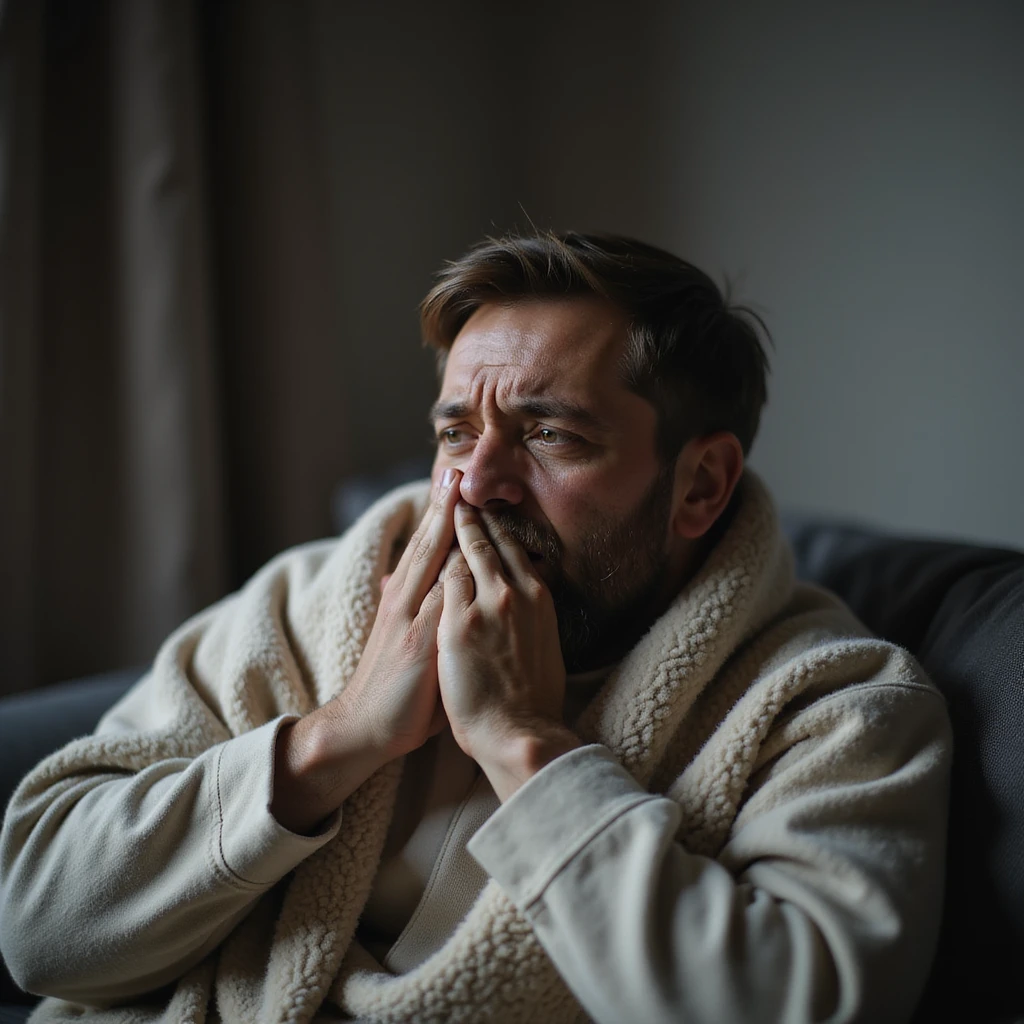 hyperrealistic 4K image of a man coughing, sitting on a sofa with a blanket over his shoulders, tired face and teary eyes, domestic environment emoji