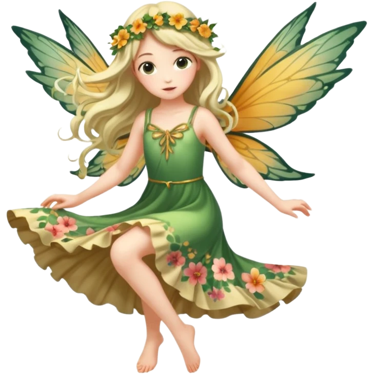 A flower fairy girl with one wing, full-body pose, leaning forward in flight. emoji