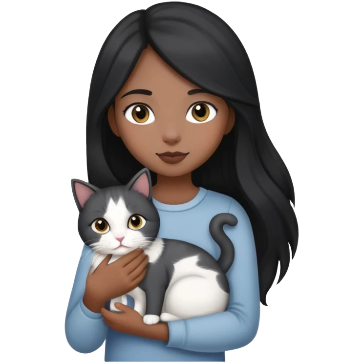 black longhair girl holding a grey white cat emoji