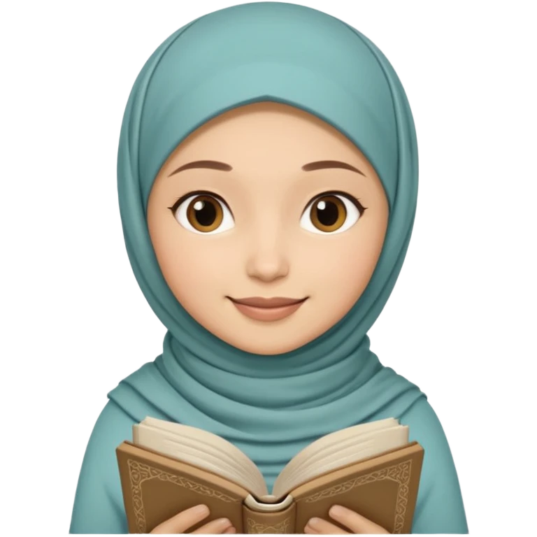 Muslim woman reading Quran with calm smile, pastel background, hijab emoji