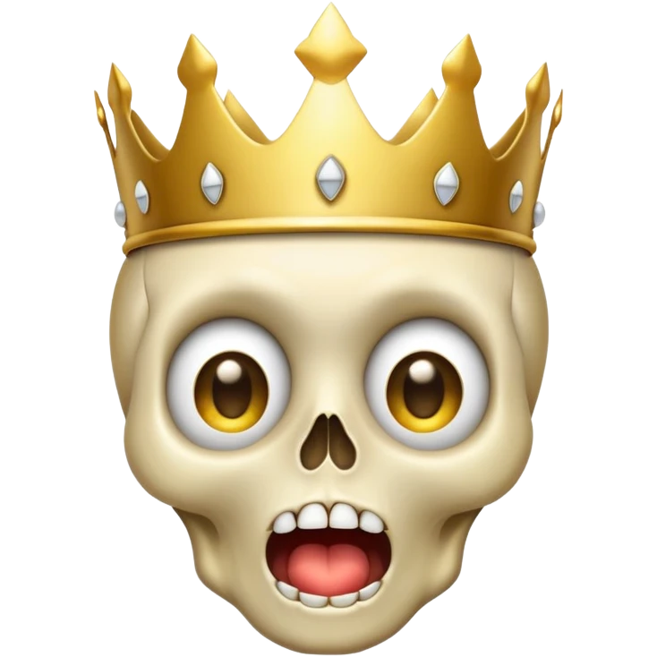 A shocked skull emoji with wide eyes and open mouth, wearing a classic golden emoji crown, Apple emoji style, 2D digital art, transparent background emoji