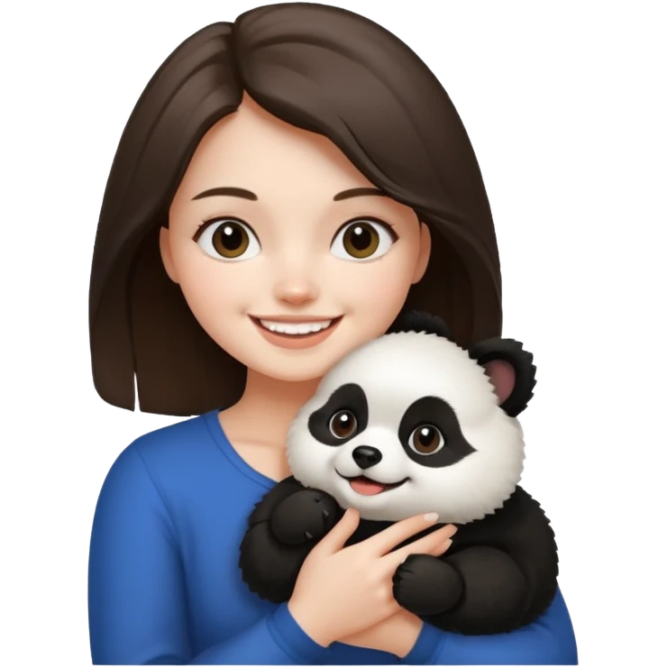 an brunette hair girl holding her white pomeranian dog that looks like a panda emoji