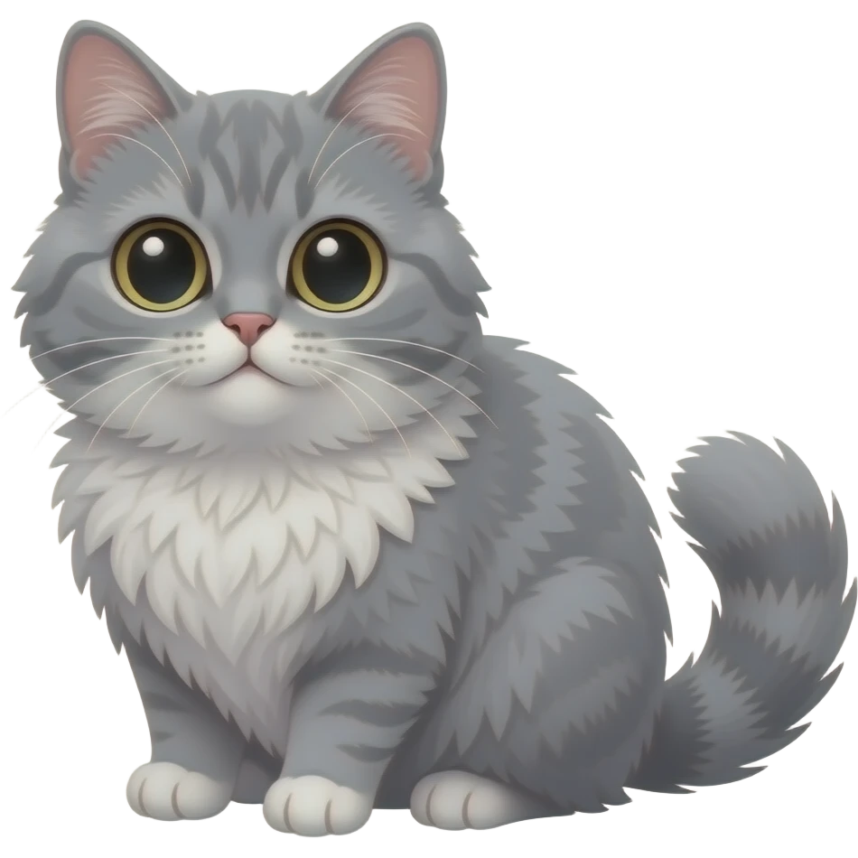 grey cat in looking like a big fluffy ball qui a tail and big  bulging eyes,  white belly,  cartoon style emoji