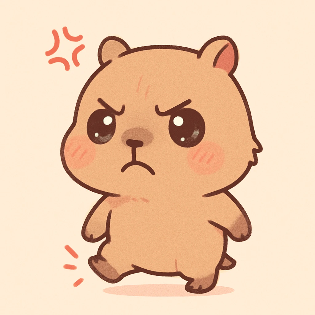annoyed capybara in chibi anime style, furrowed eyebrows, stomping foot, comic anger symbol, minimal background emoji