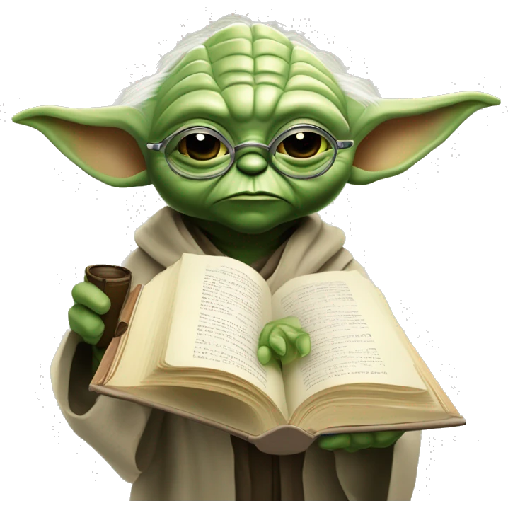 Master Yoda with a Detektiv magnifying glass and a book  emoji