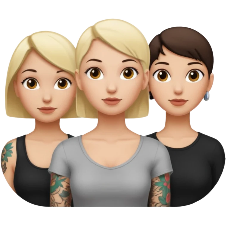 throuple blonde femaleand brunette female with bald tattooed emoji