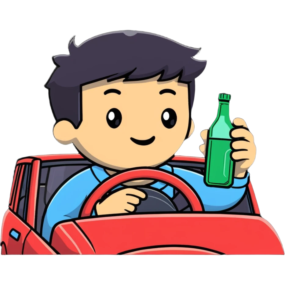 person in a car holding a bottle, showing the act of drinking and driving emoji