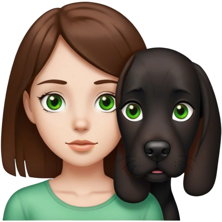 a girl with brown hair, green eyes and a big black dog with a white spot on her chest with brown eyes emoji