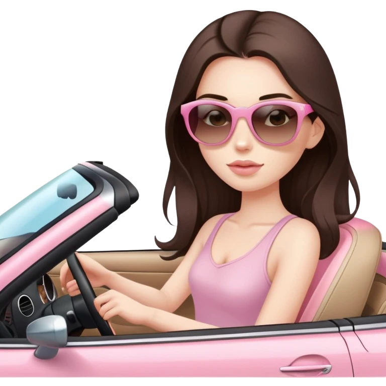 girl with long dark brown hair and pale skin wearing sunglasses driving convertible car with light pink interior emoji