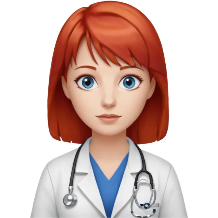 female doctor with red hair, blue eyes, and bangs emoji