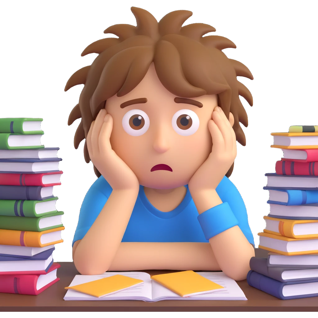 emoji of a tired and stressed student with messy hair, droopy eyes, surrounded by books and papers, expressing exhaustion from exams emoji