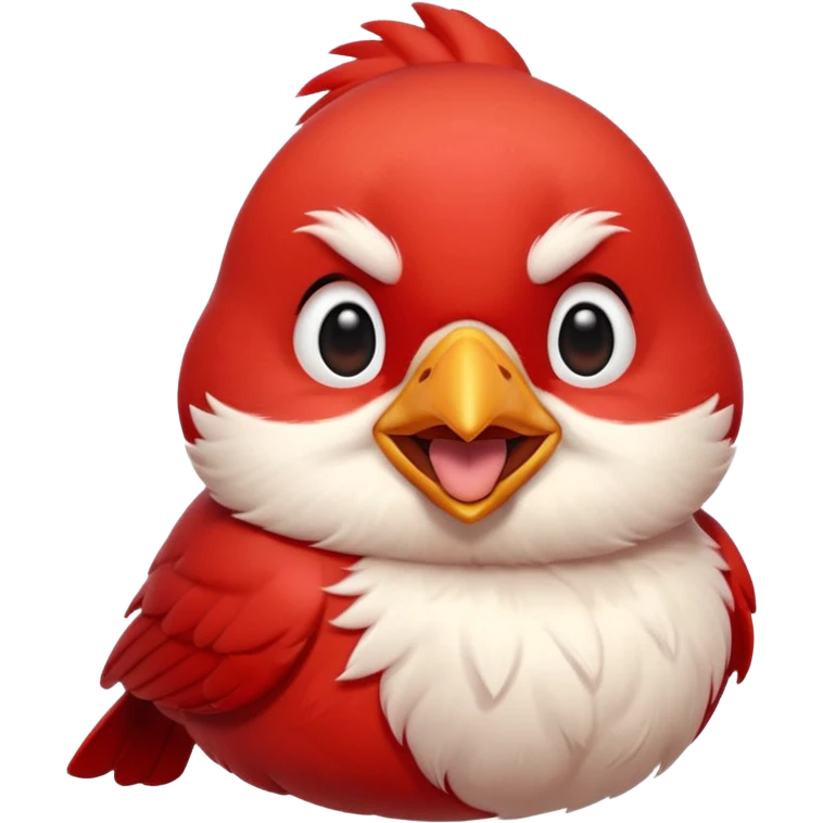 Chibi red male cardinal laughing with eyes closed and beak wide open, soft glowing cheeks, cozy cartoon emoji. emoji